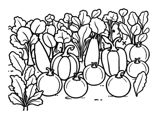 Vegetable Patch colouring page — free printable for kids