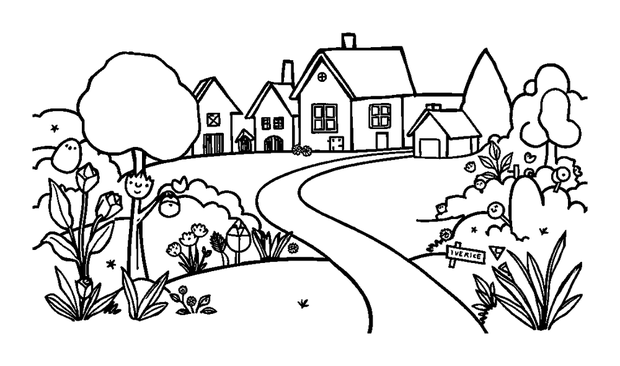 Village Green colouring page — free printable for kids