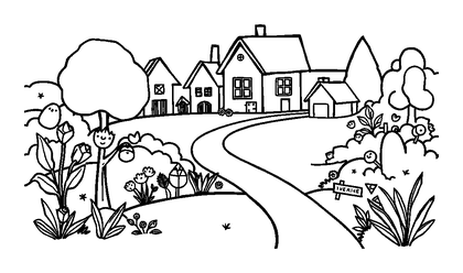 Village Green Colouring Page (Kids, Bold & Easy)