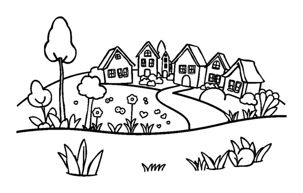 Village Green colouring page — free printable for kids