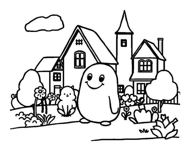 Village Green colouring page — free printable for toddlers
