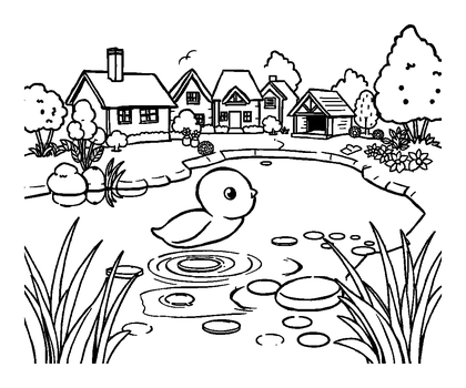 Village Pond Colouring Page (Kids, Bold & Easy)