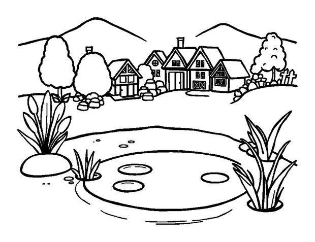 Village Pond colouring page — free printable for kids