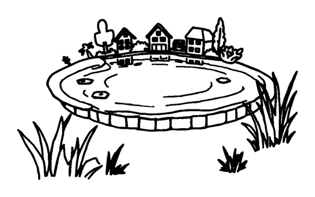 Village Pond colouring page — free printable for toddlers