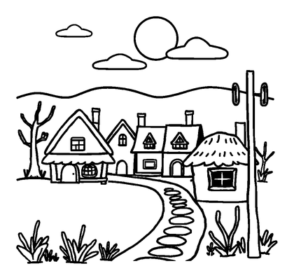 Village Scene Colouring Page (Kids, Bold & Easy)