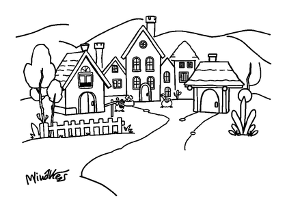 Village Scene Colouring Page (Kids, Bold & Easy)