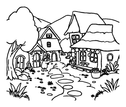 Village Scene Colouring Page (Kids, Standard)