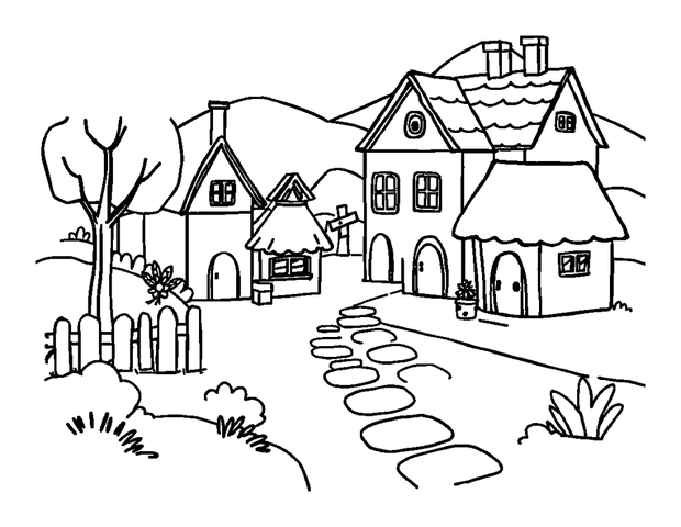 Village Scene colouring page — free printable for kids