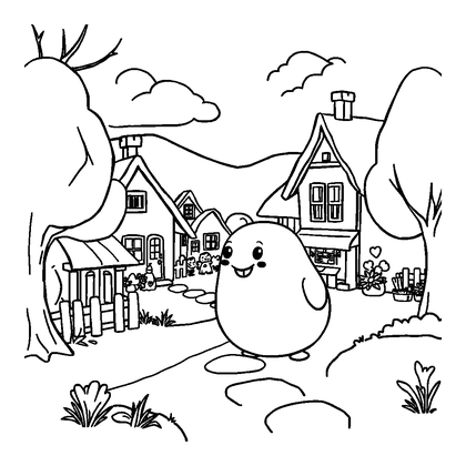 Village Scene Colouring Page (Toddler, Bold & Easy)