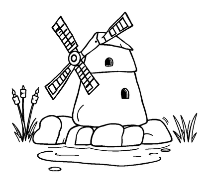 Watermill Colouring Page (Kids, Bold & Easy)