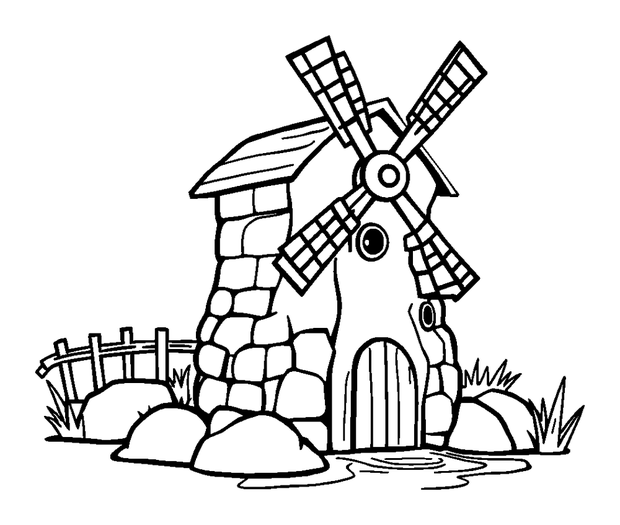 Watermill colouring page — free printable for kids