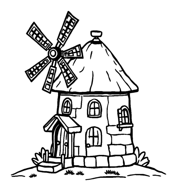 Windmill House colouring page — free printable for kids