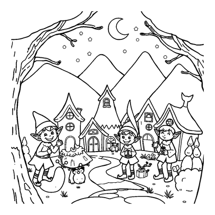 Elf Village Colouring Page (Kids, Bold & Easy)