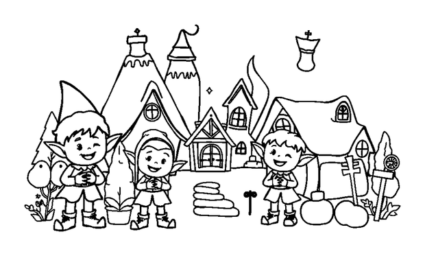 Elf Village colouring page — free printable for kids
