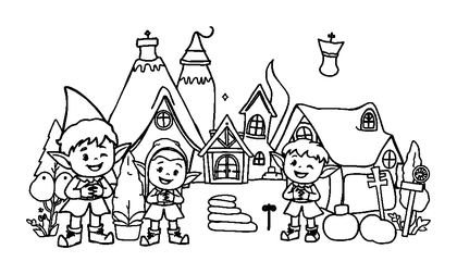 Elf Village Colouring Page (Kids, Standard)
