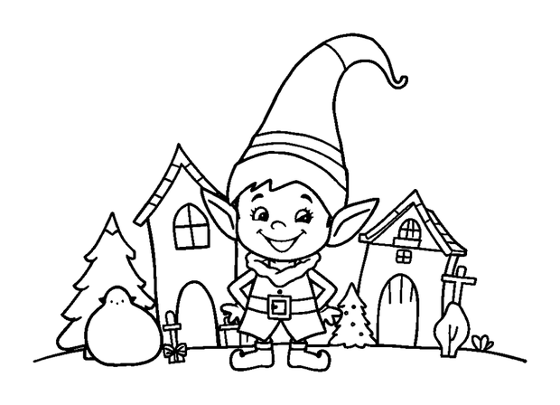 Elf Village colouring page — free printable for toddlers