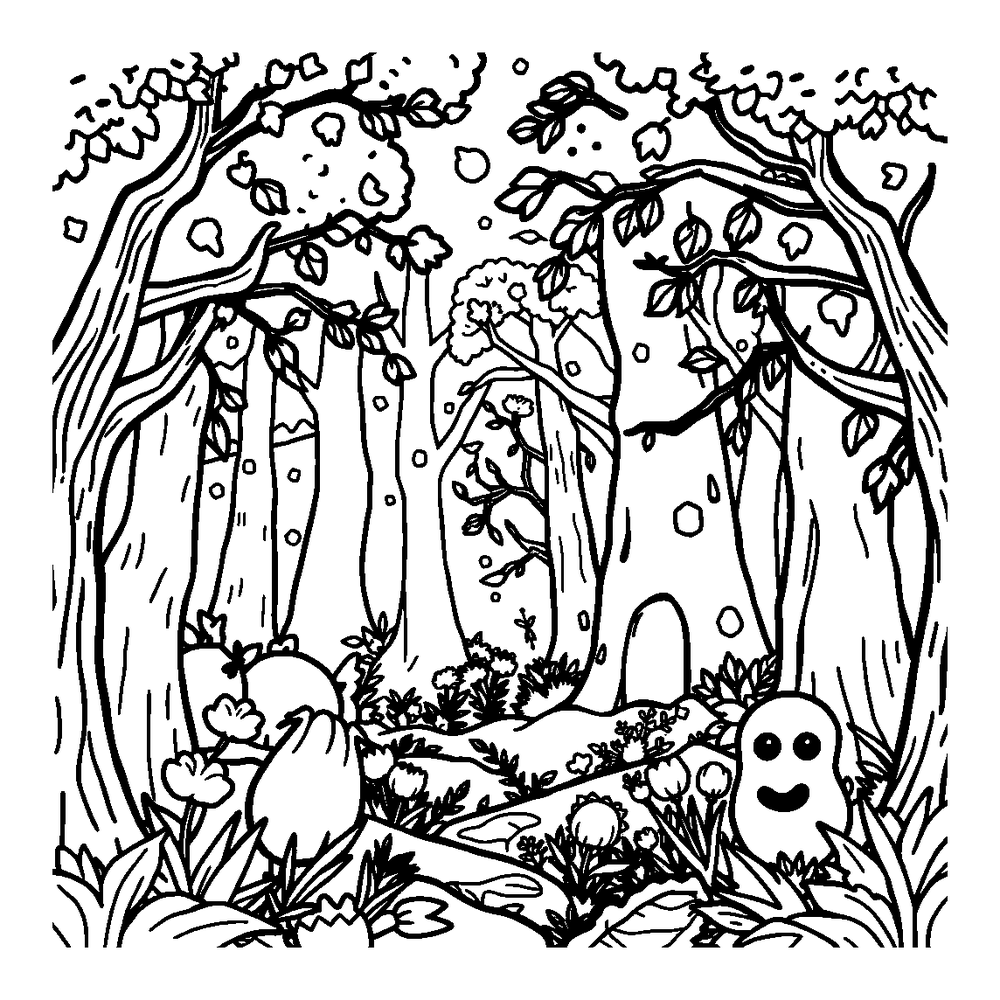 Enchanted Forest colouring page — free printable for kids