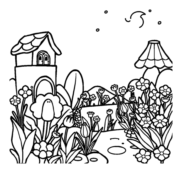 Enchanted Garden colouring page — free printable for kids