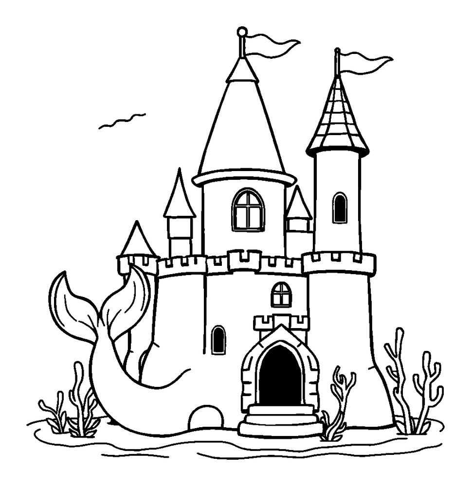 Mermaid Castle colouring page — free printable for toddlers