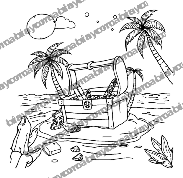 Island Treasure Hunt colouring page — free printable for teens
