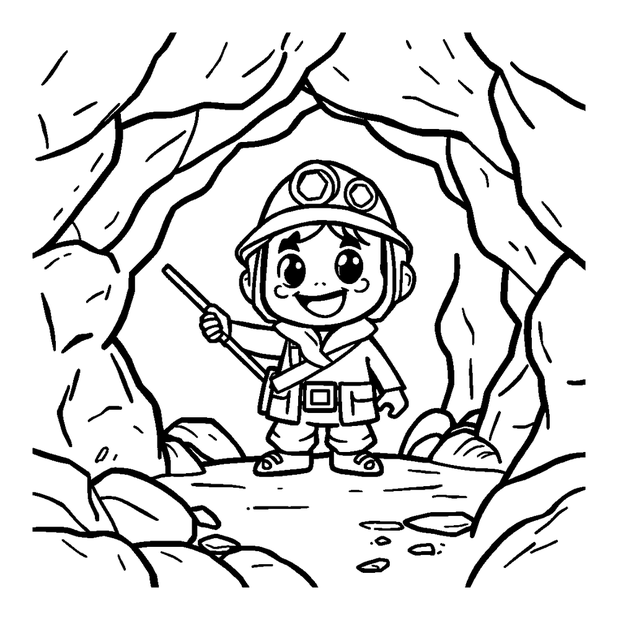 Pixel Cave Explorer colouring page — free printable for kids
