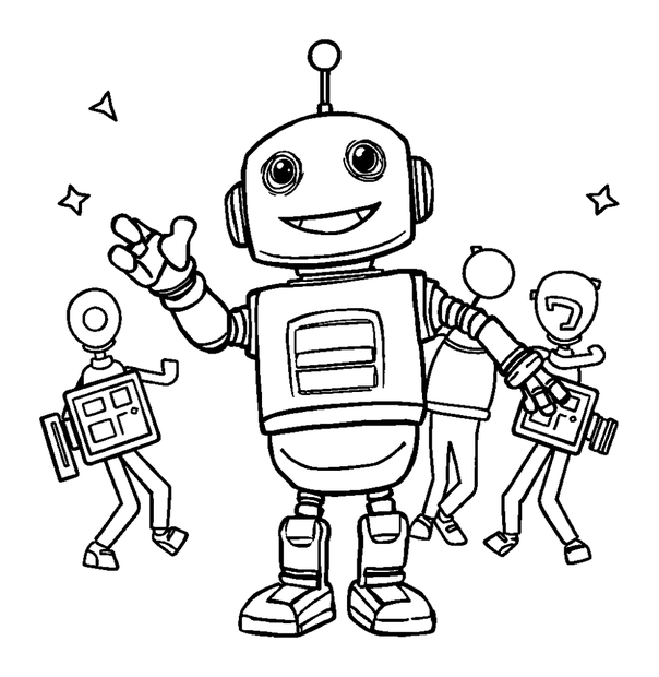 Robot Dance Party colouring page — free printable for kids