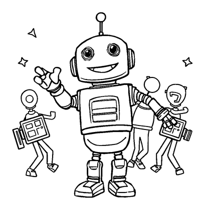 Robot Dance Party Colouring Page (Kids, Standard)
