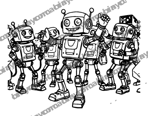 Robot Dance Party colouring page — free printable for teens