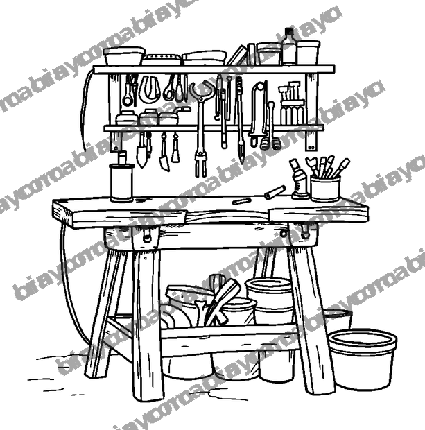 Workshop Bench colouring page — free printable for teens