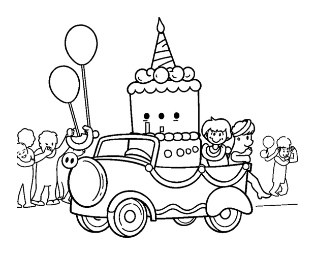Birthday Parade colouring page — free printable for kids