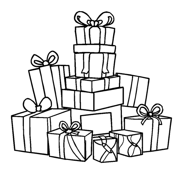 Birthday Present Pile colouring page — free printable for kids