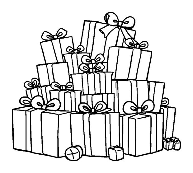 Birthday Present Pile colouring page — free printable for toddlers