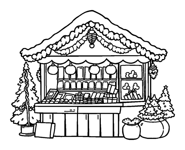 Christmas Market Stall colouring page — free printable for kids