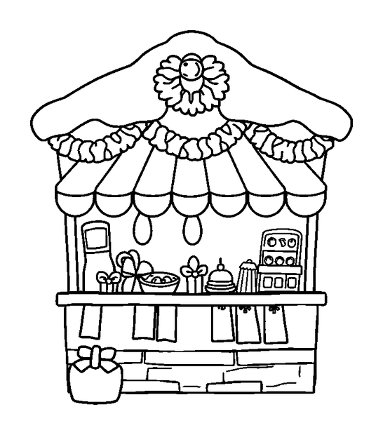 Christmas Market Stall colouring page — free printable for kids