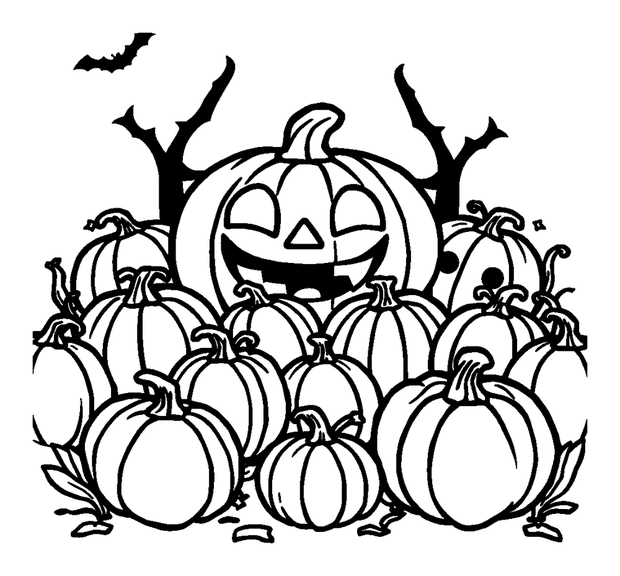 Halloween Pumpkin Patch colouring page — free printable for kids