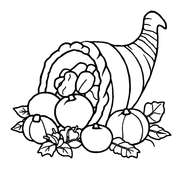 Harvest Cornucopia colouring page — free printable for kids