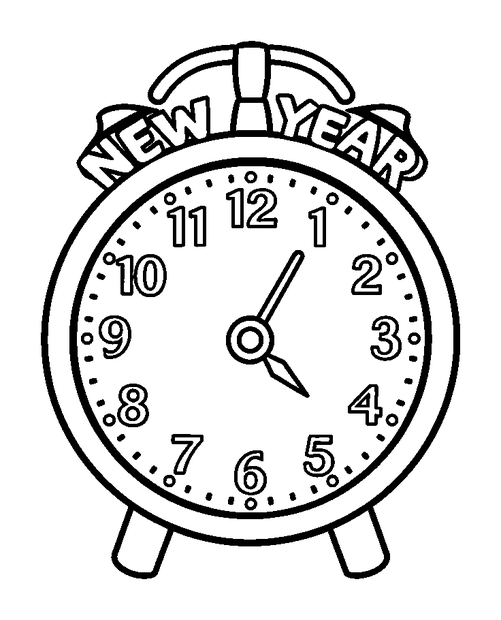 New Year Clock colouring page — free printable for kids