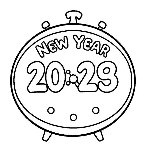 New Year Countdown Clock colouring page — free printable for kids