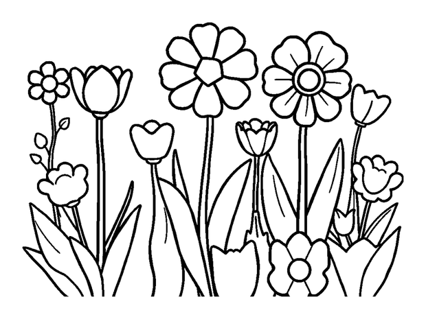 Valentine Flower Garden colouring page — free printable for kids