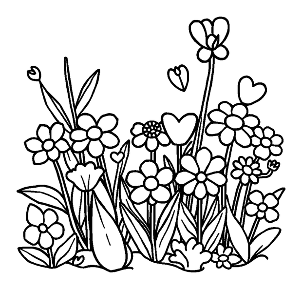 Valentine Flower Garden colouring page — free printable for kids