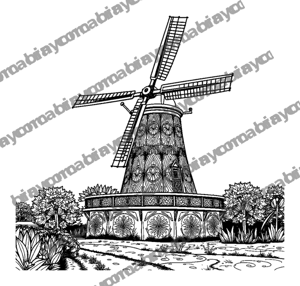Dutch Windmill colouring page — free printable for teens