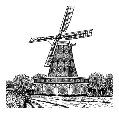 Dutch Windmill Colouring Page (Teens, Intricate)
