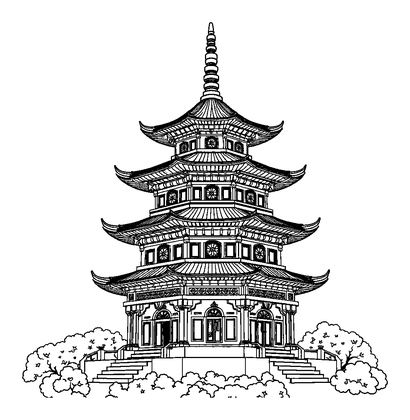 Golden Pagoda Colouring Page (Teens, Intricate)