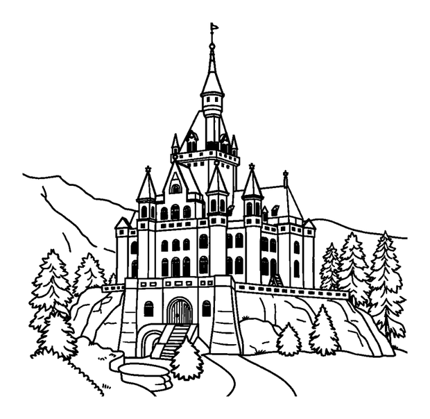 Neuschwanstein Castle colouring page — free printable for kids