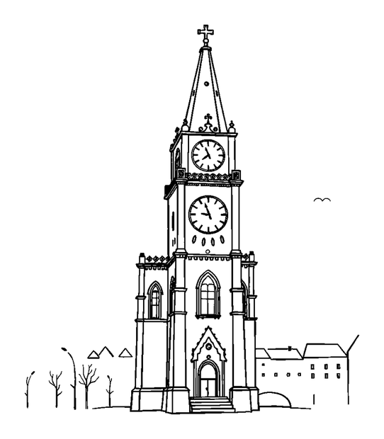 Prague Clock Tower colouring page — free printable for kids
