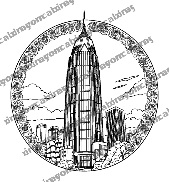 Round Skyscraper colouring page — free printable for teens