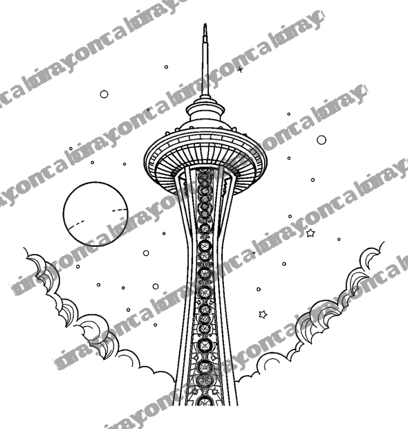 Space Needle colouring page — free printable for teens