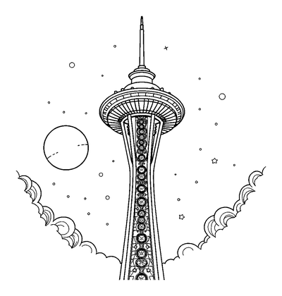 Space Needle Colouring Page (Teens, Intricate)