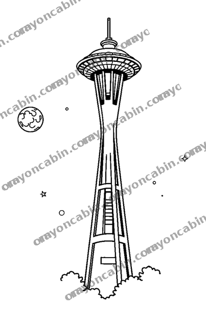 Space Needle colouring page — free printable for teens
