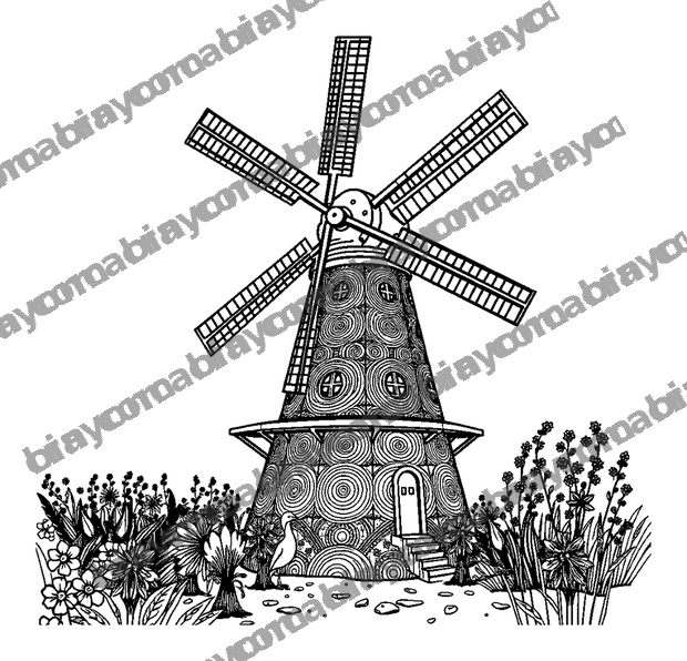 Windmill Kinderdijk colouring page — free printable for teens